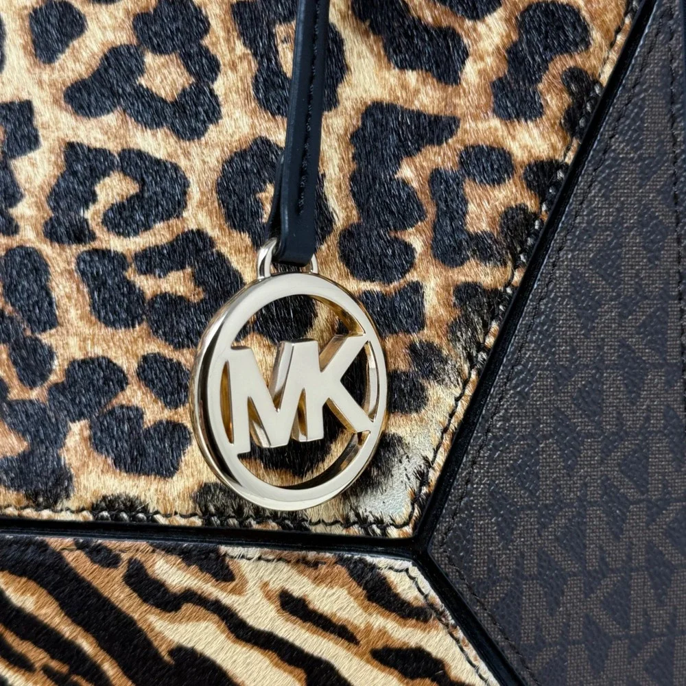 Michael Kors Hope Satchel Bag Brown Leopard Tiger Haircalf Leather Mob Wife